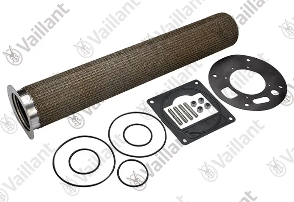 Vaillant Brennerelement mit Metallrohr, O-Ringen, Dichtungen und Montagesatz auf hellem Hintergrund.